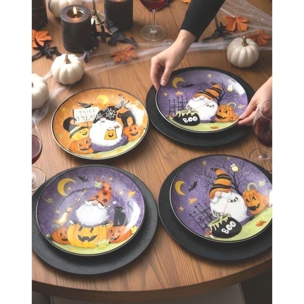 4 Halloween Gnome Salad Dessert Plates, Purple and Orange Tableware Decor 9"
